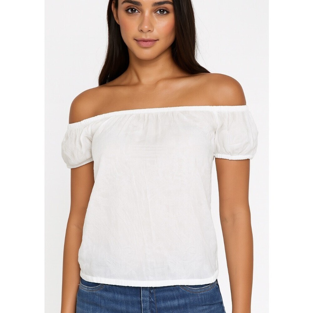 Bebe brand top semi sheer off the shoulder white cropped SZ S/P blouse gauzy